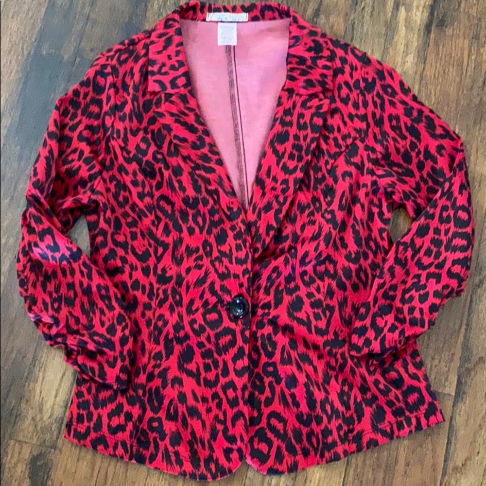Vintage Red & Black Satin Leopard Print Blazer